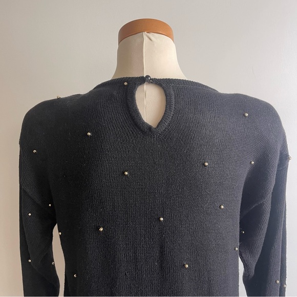 Vintage 1990s Celina Yang Black Sweater w Sequin Epaulets SP Petite Small Pearls - Picture 9 of 11